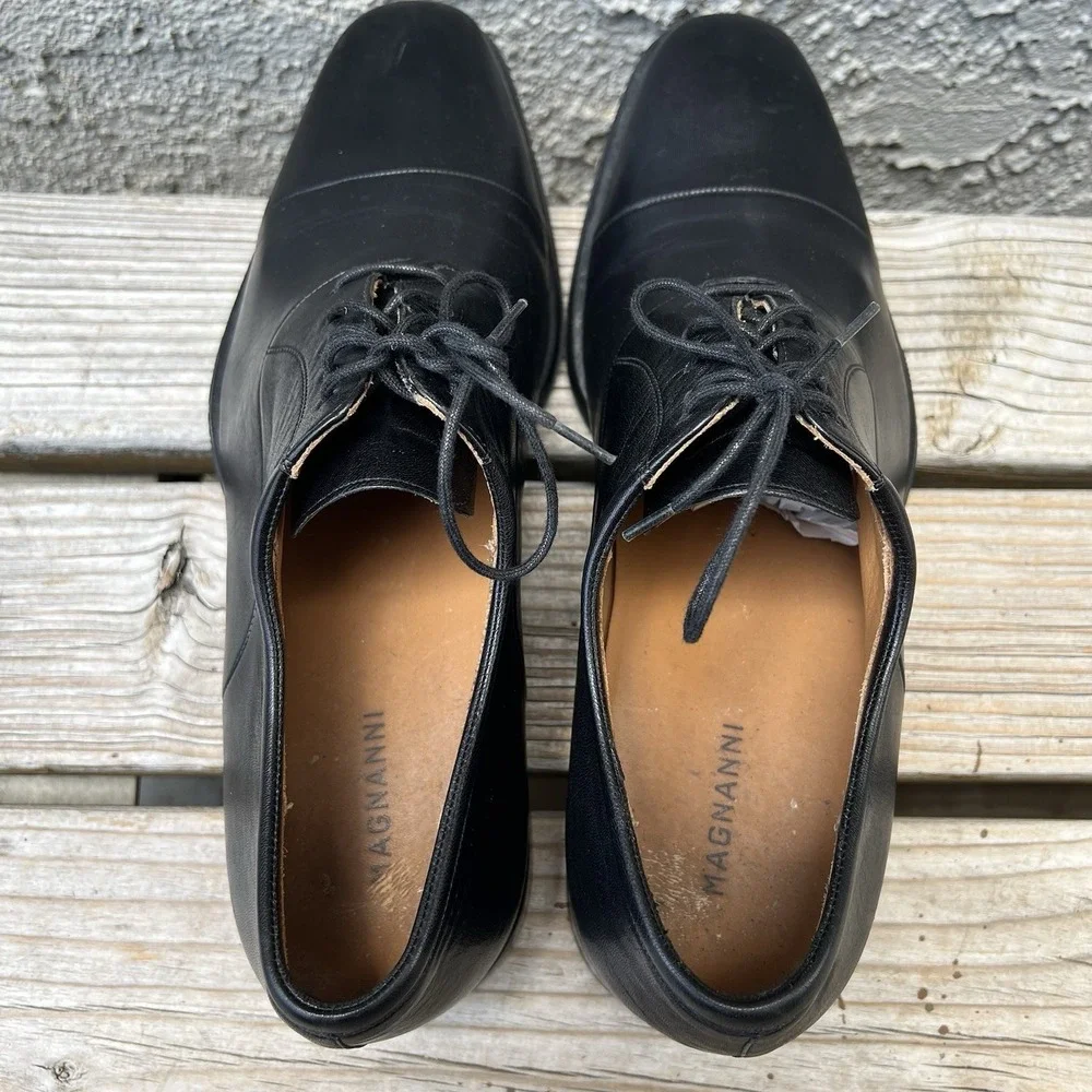 Magnanni Shoes Men Size 8 Black Leather Plain Toe Oxford Derby